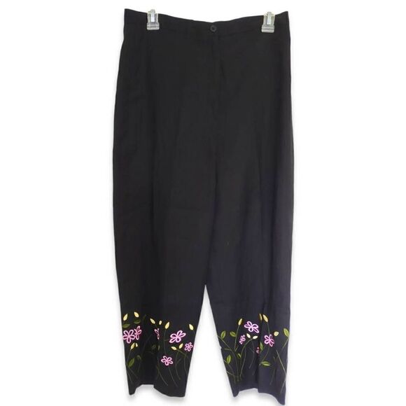 Larry Levine Black Pants‎ Linen Pink Floral Embroidery Zip Front Lined 12 - Picture 1 of 8